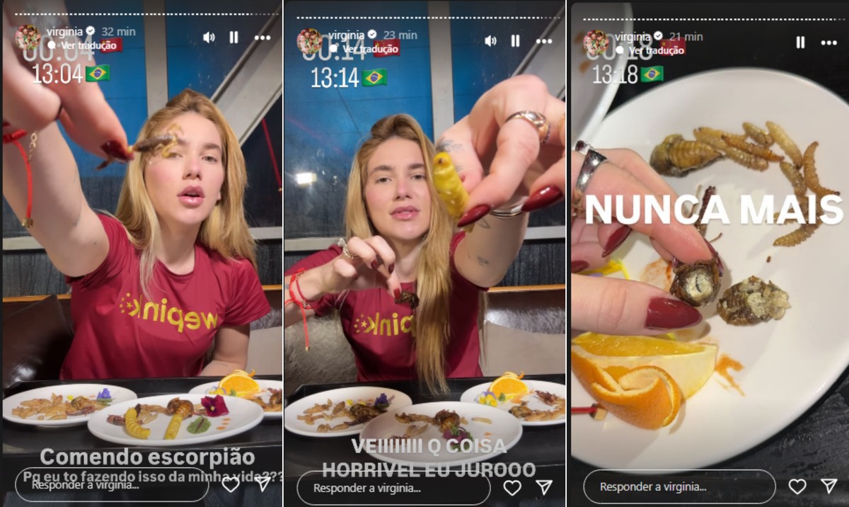 Virgínia Fonseca experimenta insetos na China e revela: 'Véi, que coisa horrível' Virginia Fonseca e as iguarias chinesas (Foto: Reprodução Instagram)