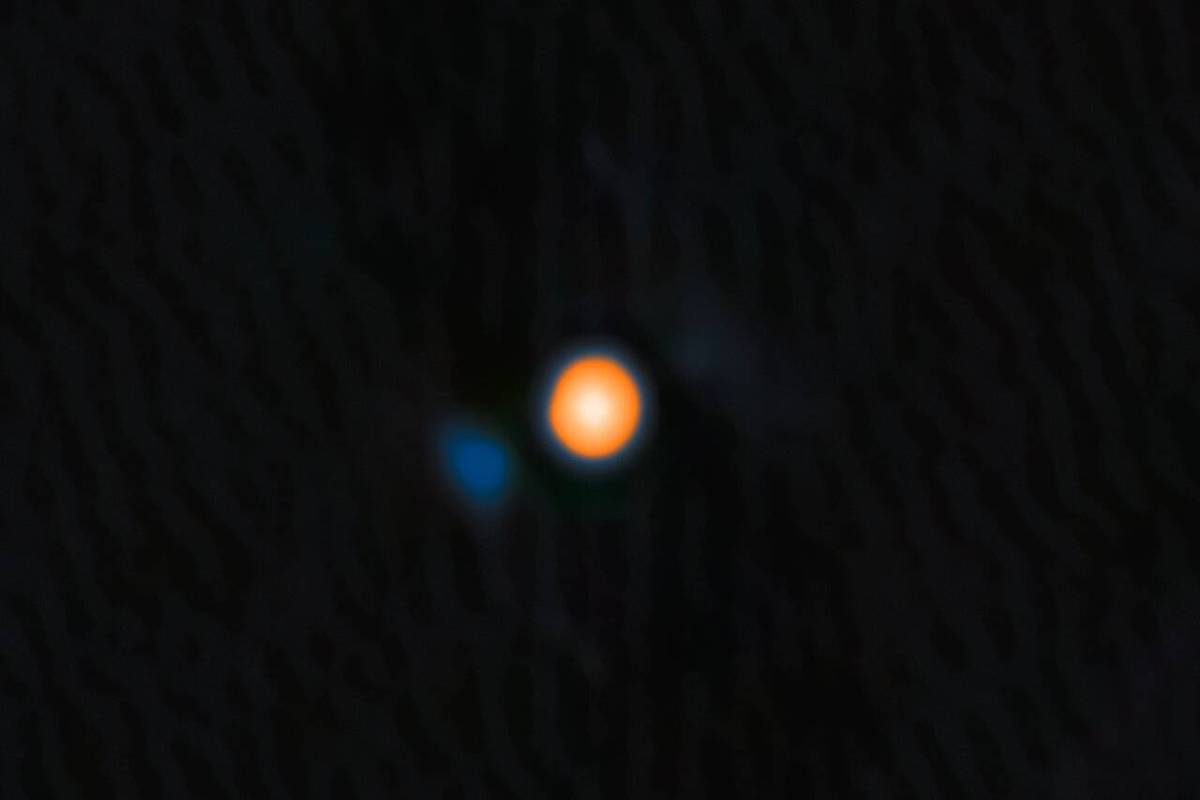Astrônomos descobrem nova companheira de Betelgeuse em imagem surpreendente Imagem do telescópio Gemini Norte mostra Betelgeuse (laranja) e sua companheira oculta (azul) (Foto: AFP/NOIRLab)