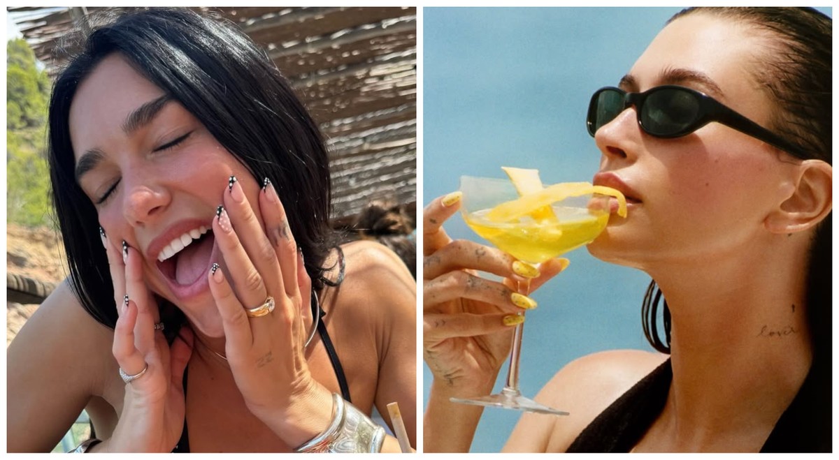 Unhas de bolinha: aprenda a fazer a tendência que está em alta na beleza Unhas de bolinha: a art nail de poá conquistou Dua Lipa e Hailey Bieber (Foto: Reprodução / Instagram @dualipa @rhode)