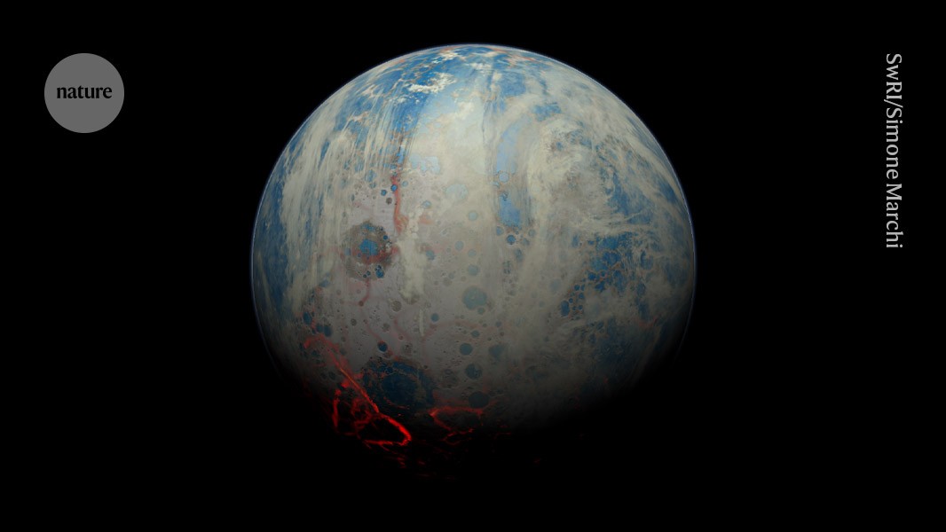 Dados recentes confirmam a possibilidade de rochas mais antigas do mundo Uma impressão artística da Terra durante o eon Hadeano, quando o planeta formou sua primeira crosta sólida — a maior parte da qual mais tarde afundou no manto e nunca mais foi vista. (Foto: SwRI/Simone Marchi)