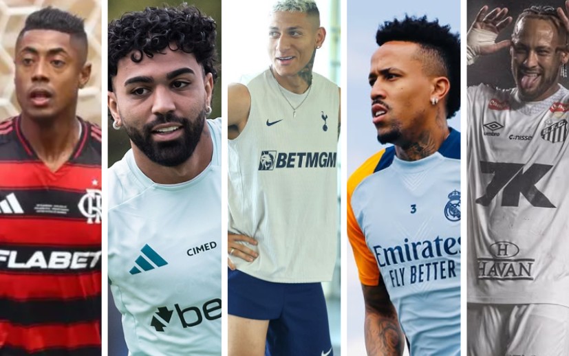 Craques do futebol enfrentam polêmicas dentro e fora de campo no Dia do Futebol Jogadores Bruno Henrique, Gabigol, Richarlison, Éder Militão e Neymar (Foto: Cruzeiro/Flamengo/Divulgação/Instagram/Reprodução)