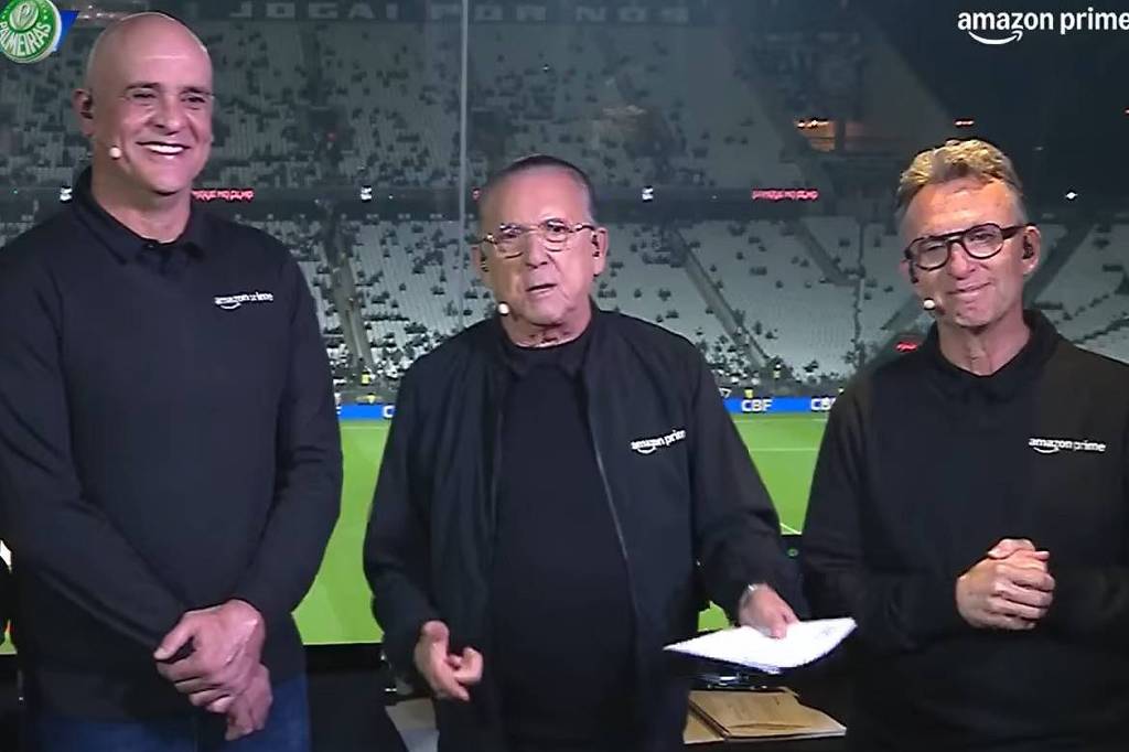 Amazon registra recorde histórico em Corinthians x Palmeiras com grandes nomes da TV Galvão Bueno com Marcos e Neto na transmissão de Corinthians x Palmeiras no Amazon Prime Video (Foto: Reprodução/Amazon)