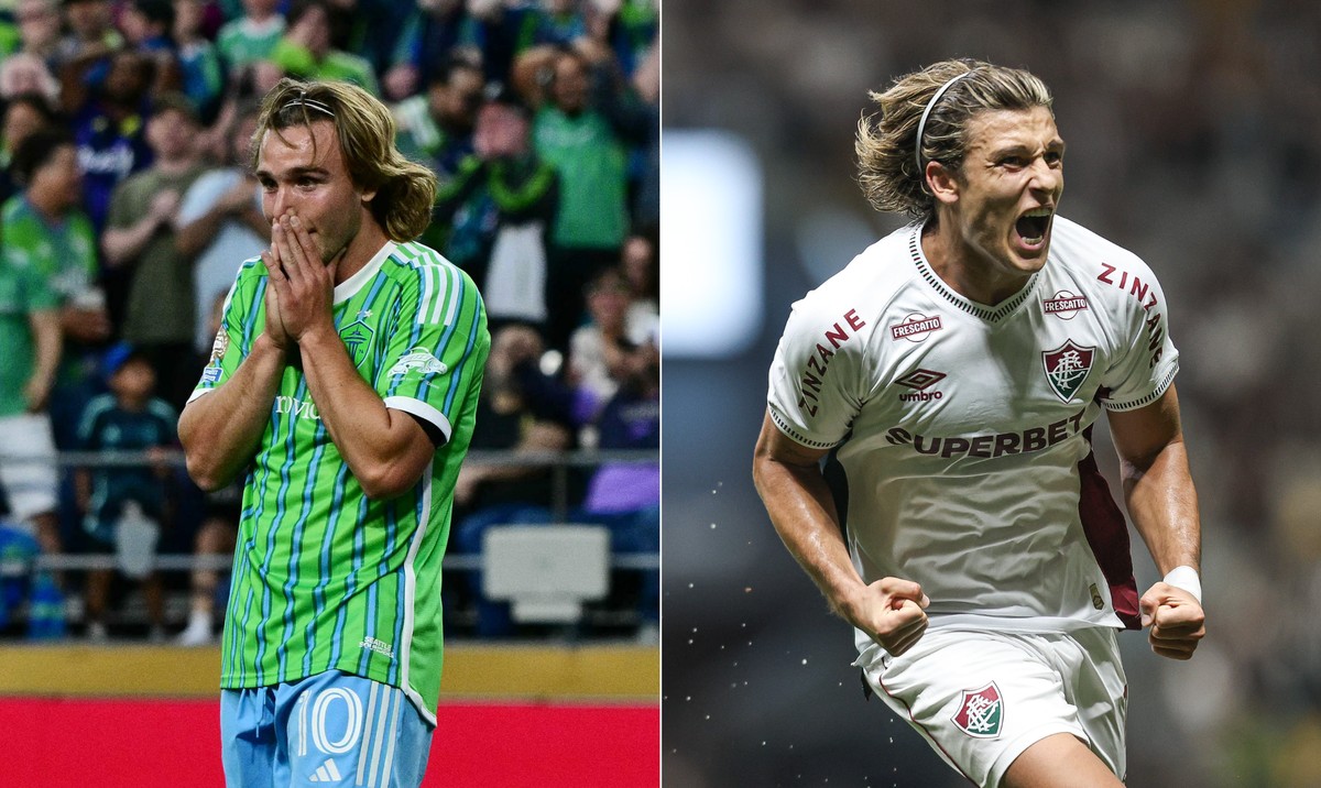 De la Vega, do Sounders, é comparado a Canobbio, do Fluminense, em memes — Foto: Pablo PORCIUNCULA / AFP; MARCELO GONÇALVES / FLUMINENSE F.C.