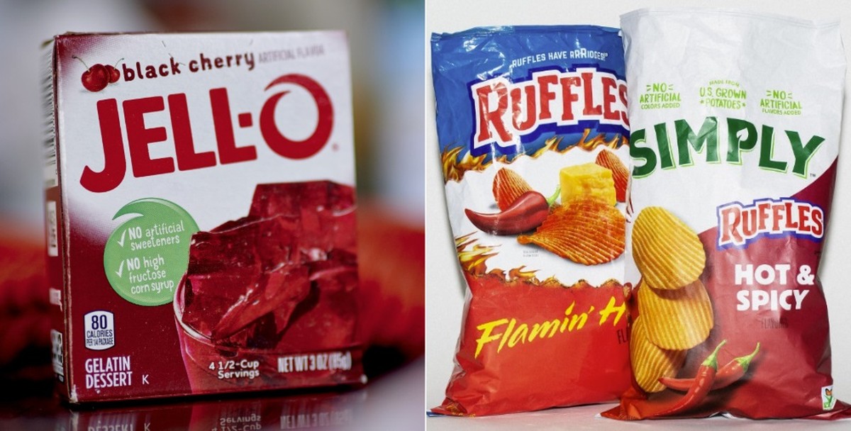 A gelatina Jell-O da Kraft Heinz e as batatas Ruffles da Pepsi: gigantes globais prometem usar só cores naturais em seus produtos (Foto: Montagem/Bloomberg)