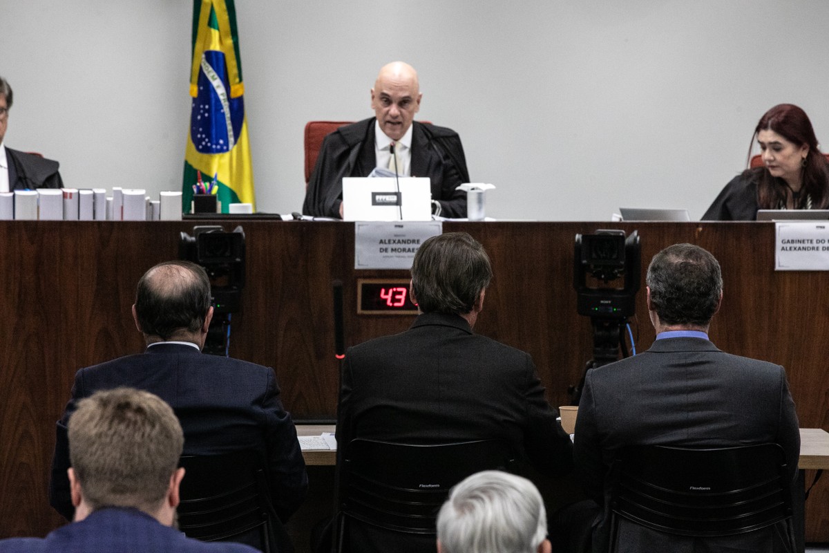 Moraes abre prazo para PGR apresentar alegações finais sobre trama golpista Jair Bolsonaro e Alexandre de Moraes em interrogatório em ação penal da trama golpista no STF (Foto: Brenno Carvalho / Agência O Globo)