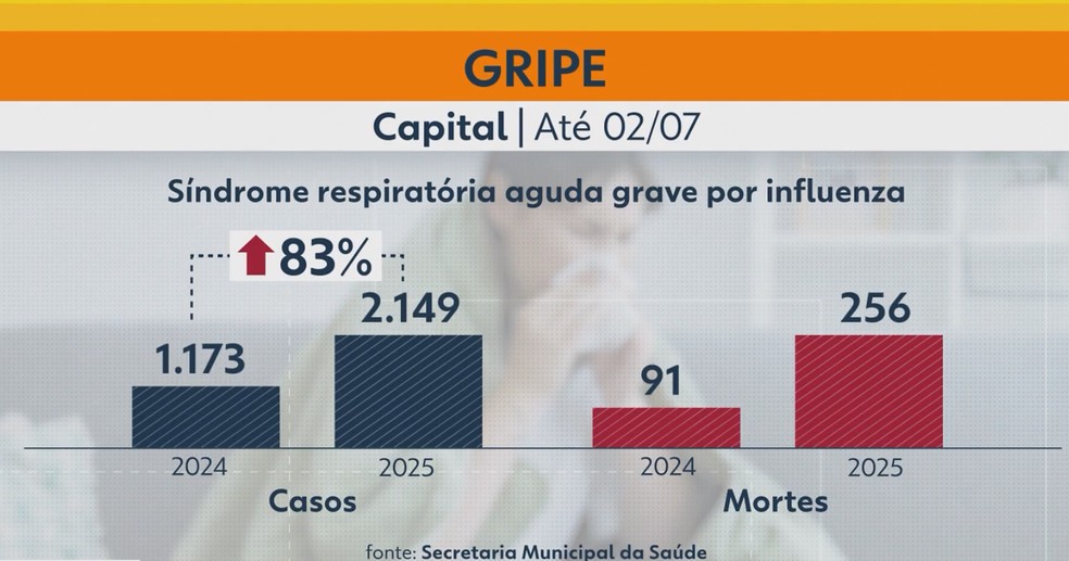 Mortes por gripe disparam em SP e vacinação ainda não atinge meta estabelecida De janeiro a junho deste ano, foram registrados 256 óbitos, contra 91 no mesmo intervalo de 2023. (Foto: Reprodução)