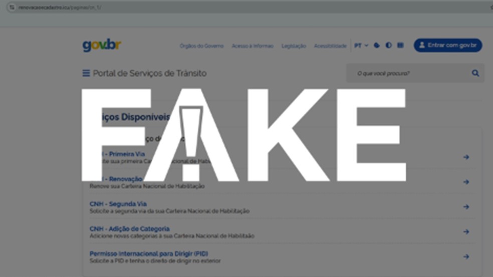 Golpistas criam site falso que oferece CNH por R$ 179 e enganam usuários É #FAKE site que imita governo federal e oferece serviços de CNH a R$ 179 (Foto: Reprodução)