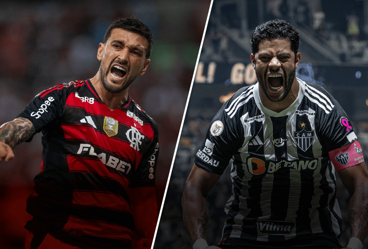 Flamengo e Atlético-MG analisam os principais artilheiros para o duelo no Brasileirão Arrascaeta (à esquerda) e Hulk podem decidir a partida — Foto: Editoria de Arte
