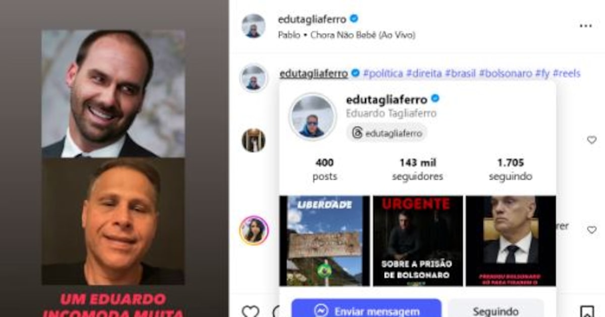 Publicação de Eduardo Tagliaferro nas redes sociais se comparando a Eduardo Bolsonaro na mobilização por sanções a Alexandre de Moraes. (Foto: @edutagliaferro via Instagram)