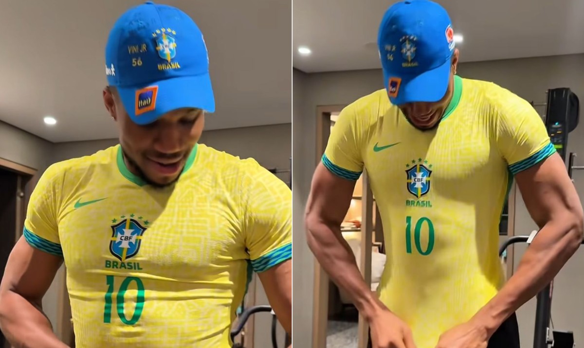 Camisa da seleção brasileira fica apertada em Giannis Antetokounmpo (Foto: Reprodução)