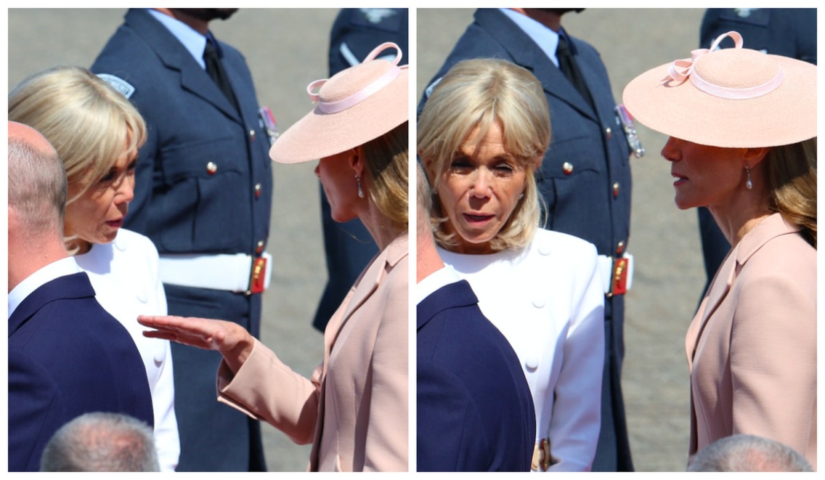 Leitura labial revela conversa entre Brigitte Macron e Kate Middleton A Princesa Kate Middleton conversando com a primeira-dama francesa Brigitte Macron na chegada da comitiva da França à base aérea de Northolt, na Inglaterra (Foto: Getty Images)