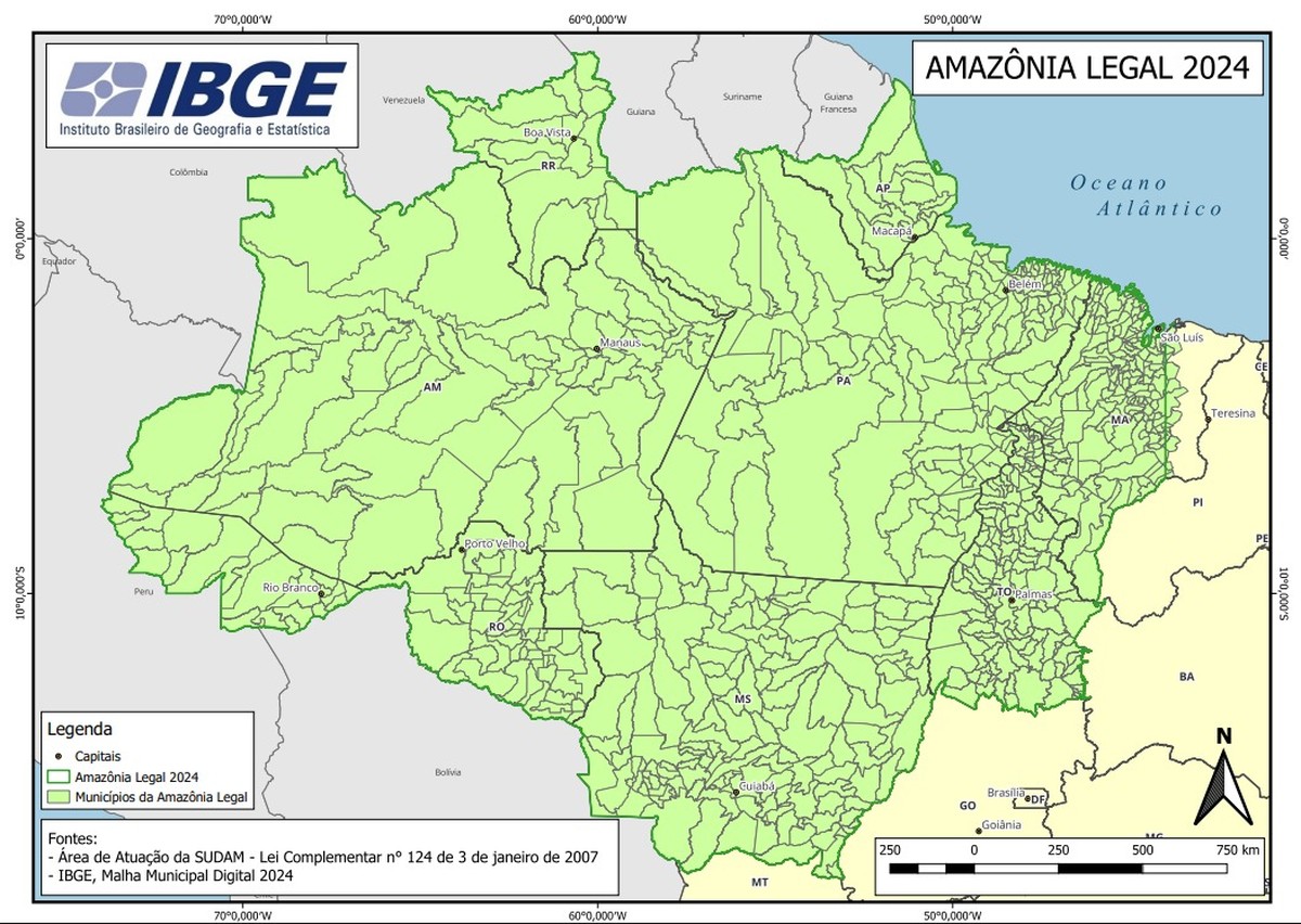IBGE troca Mato Grosso por Mato Grosso do Sul e ignora Acre em mapa da Amazônia Mapa Amazônia Legal — Foto: Divulgação/IBGE